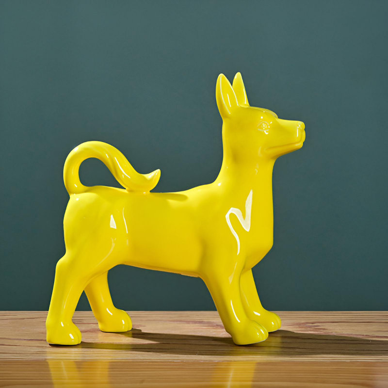 Statue de chien porte-bonheur - Céramique artisanale lisse, Jaune