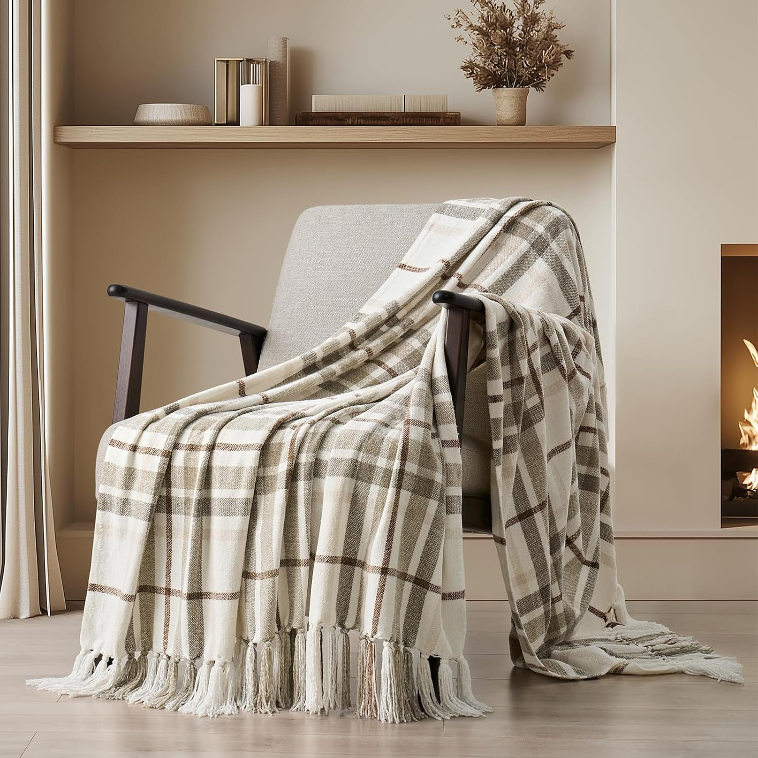 Chenille Throw Blanket, 80" L x 60" W, Beige/White Plaid