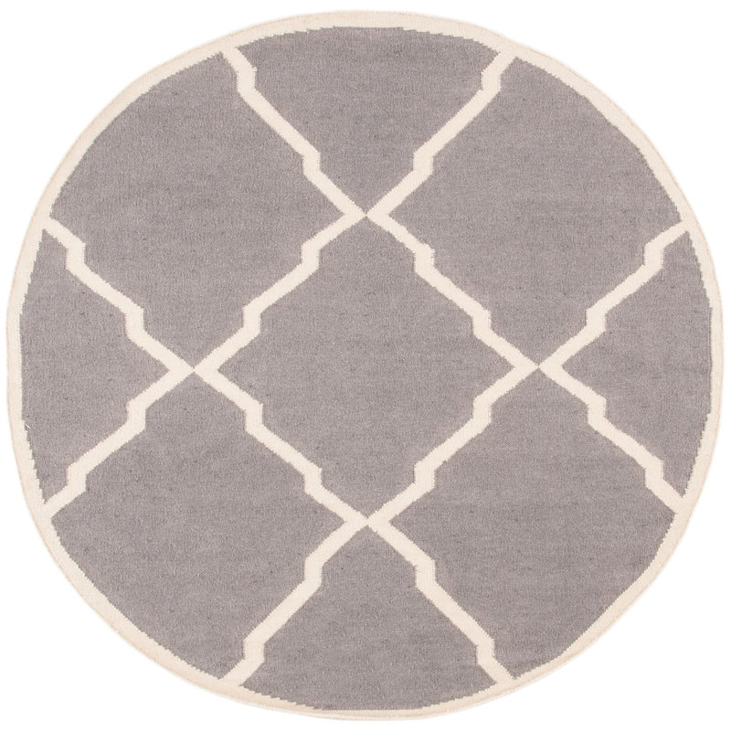 Tapis gris en laine et coton tissé à la main et à plat Brambach, Rond 6 pi