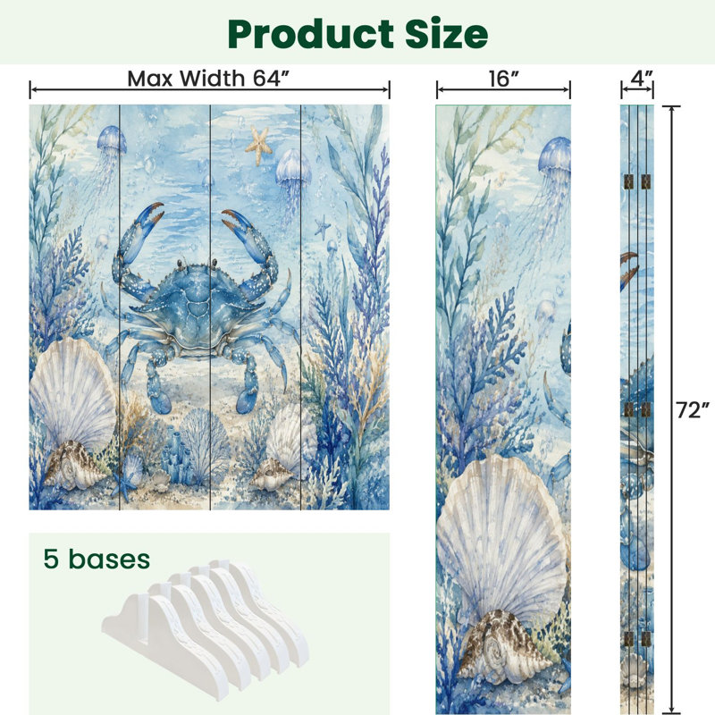 Cloison pliable 4 panneaux paravent crabe bleu sous-marin Scène océanique Méduse algue, H 71 po x l 64 po x P 1 po, 4