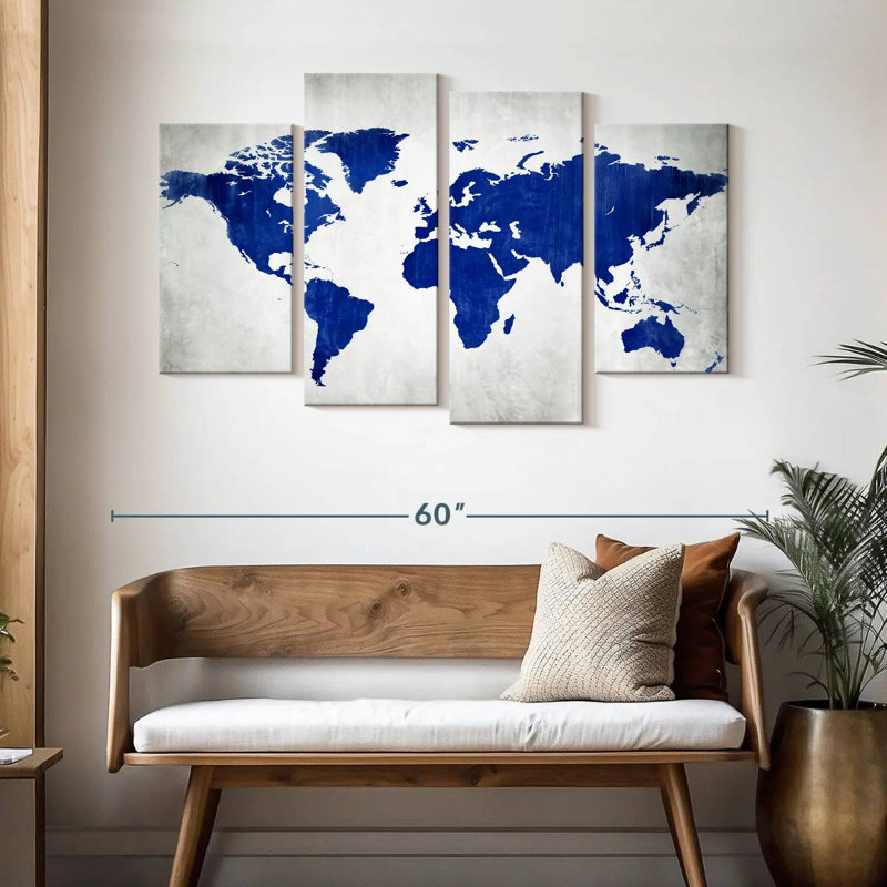 Aliaz World Map In Blue, 32" H x 52" W