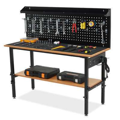60" Adjustable Height Workbench with Power Outlets - Heavy-Duty Hardwood Worktable with Metal Frame, 2200 Lbs Capacity for Garage, Workshop, Office