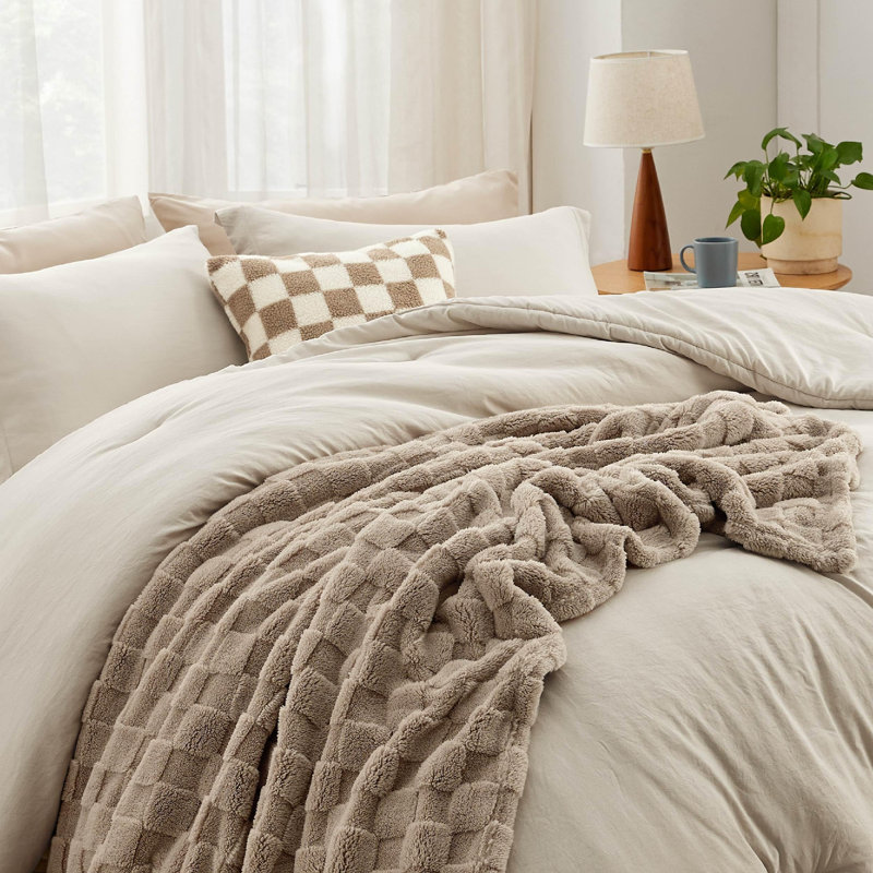 Ensemble d'édredon Litsure Boho avec jeté à carreaux et coussin décoratif, Carreauté lin