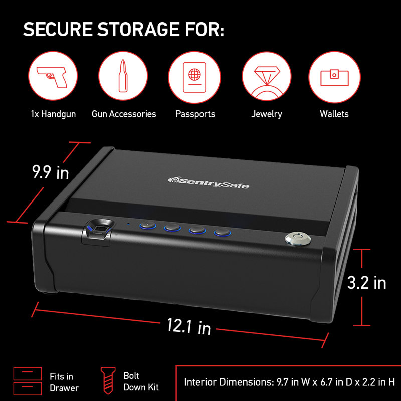 SentrySafe 0.08 CuFt. Quick Access Pistol Safe with Biometric Dual Lock, 3.2" H x 12.1" W x 9.9" D