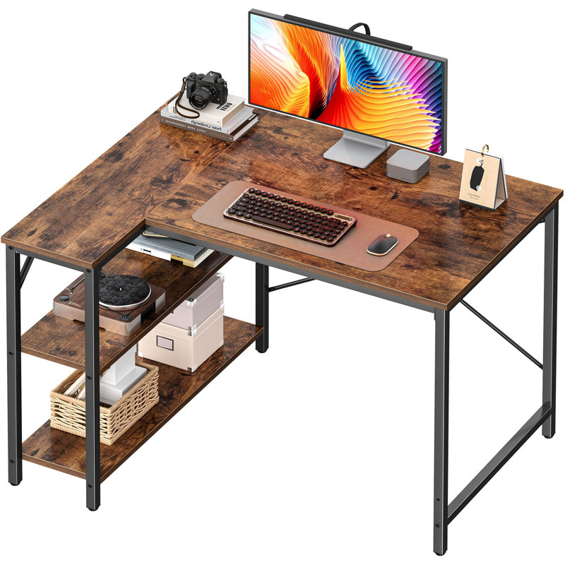 Bureau en L de 39 po avec tablettes à deux niveaux, bureau d'ordinateur en coin pour le bureau à domicile, Brun