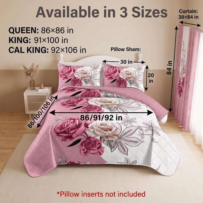 Ensemble de couvre-lit et rideau 9 pièces en microfibre rose avec 9 taies décoratives et 6 panneaux de rideau filtrant la lumière