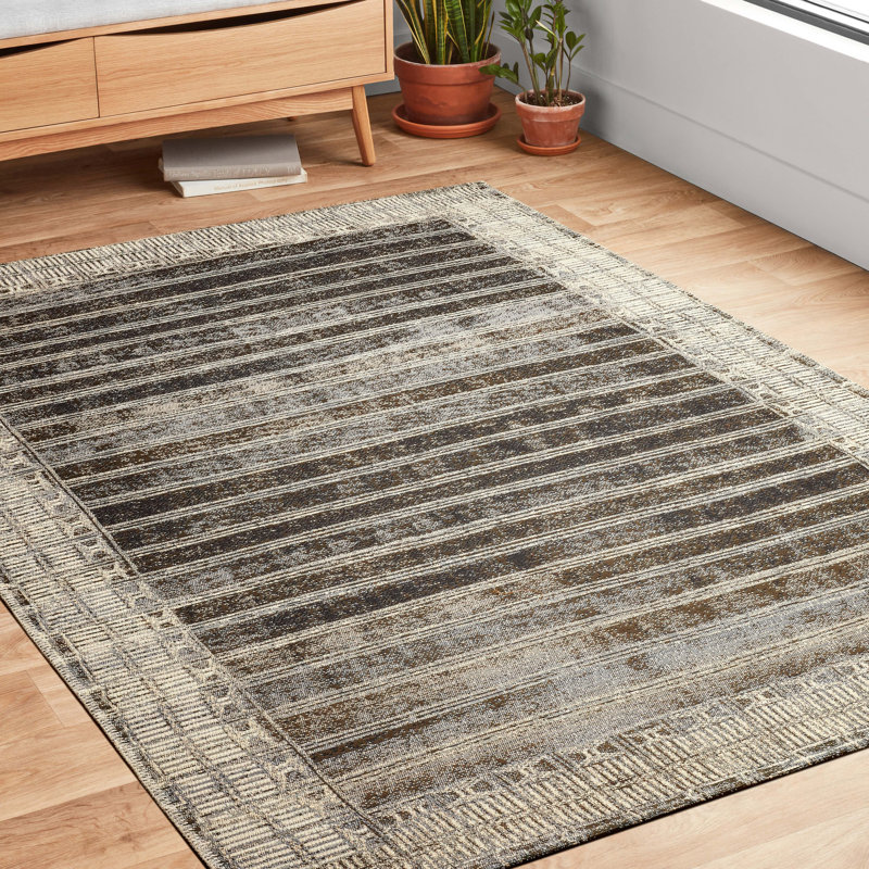 Tapis rayé gris anthracite et ivoire pour l'intérieur et l'extérieur Boden, Carré 1 pi 6 po x 1 pi 6 po