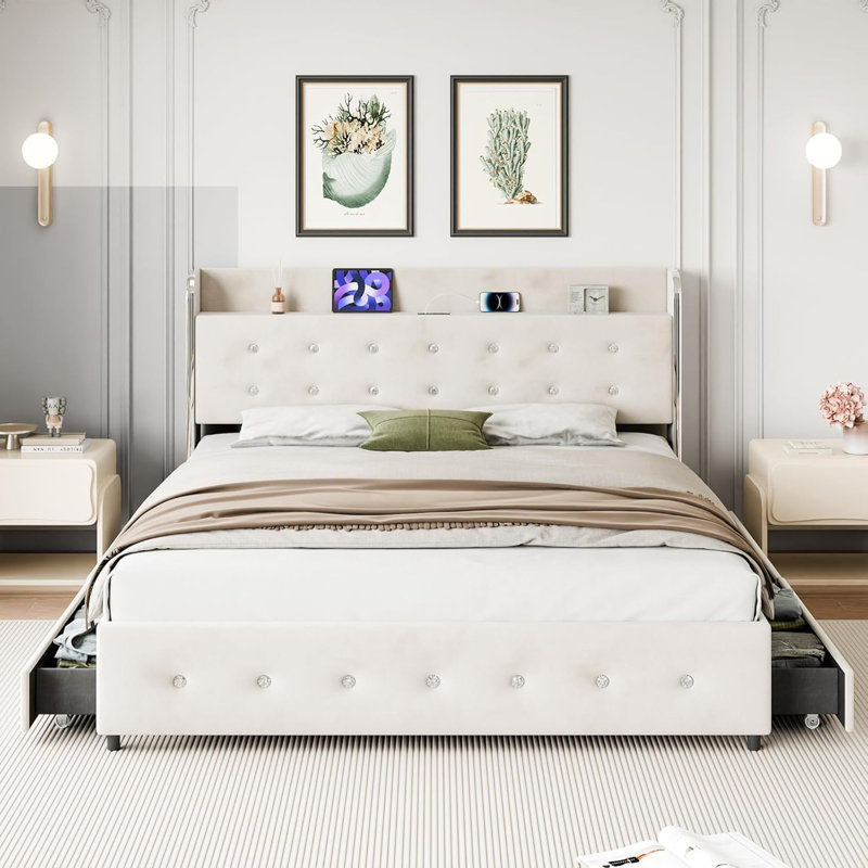 Upholstered Bed Frame With 4 Drawers,Diamond Tufted Bed Frame With Charging Station, Queen, Beige