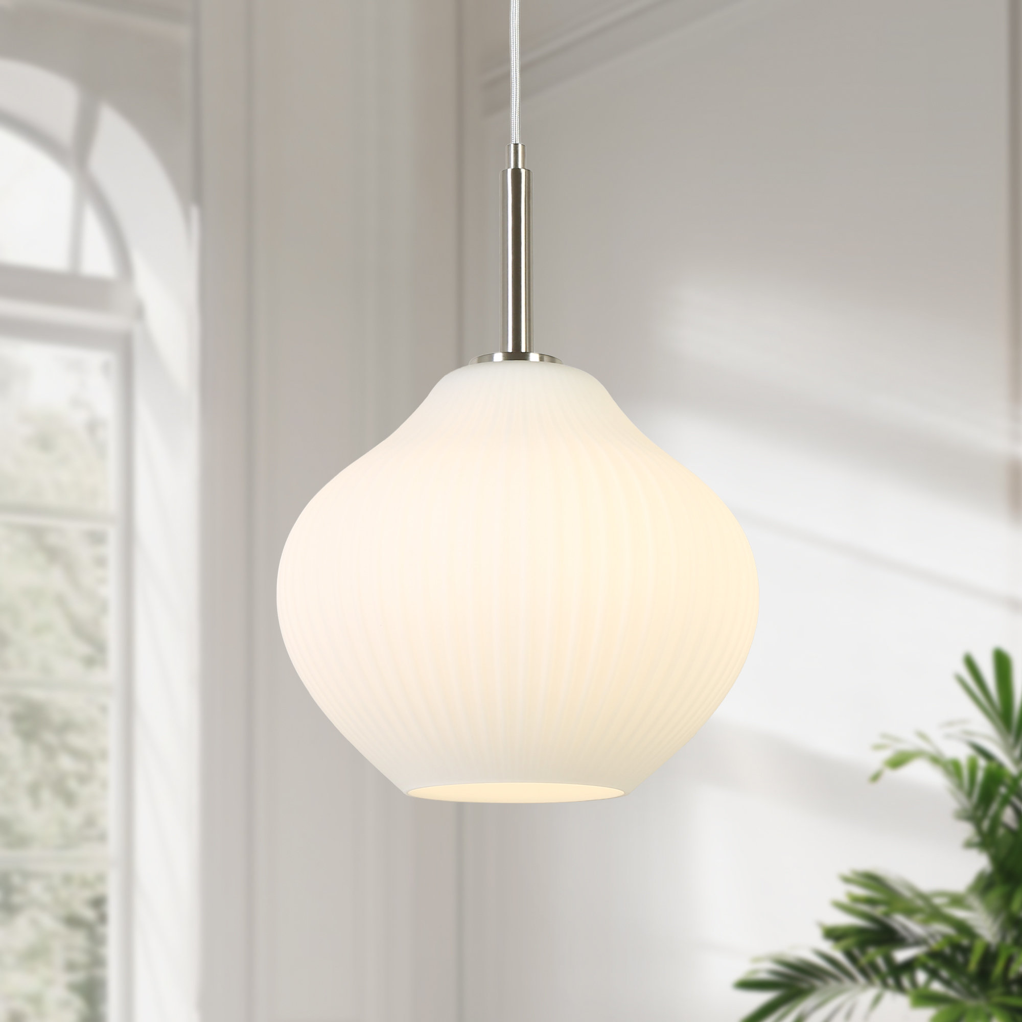 1- Light Modern Ribbed Glass Pendant Light, Silver