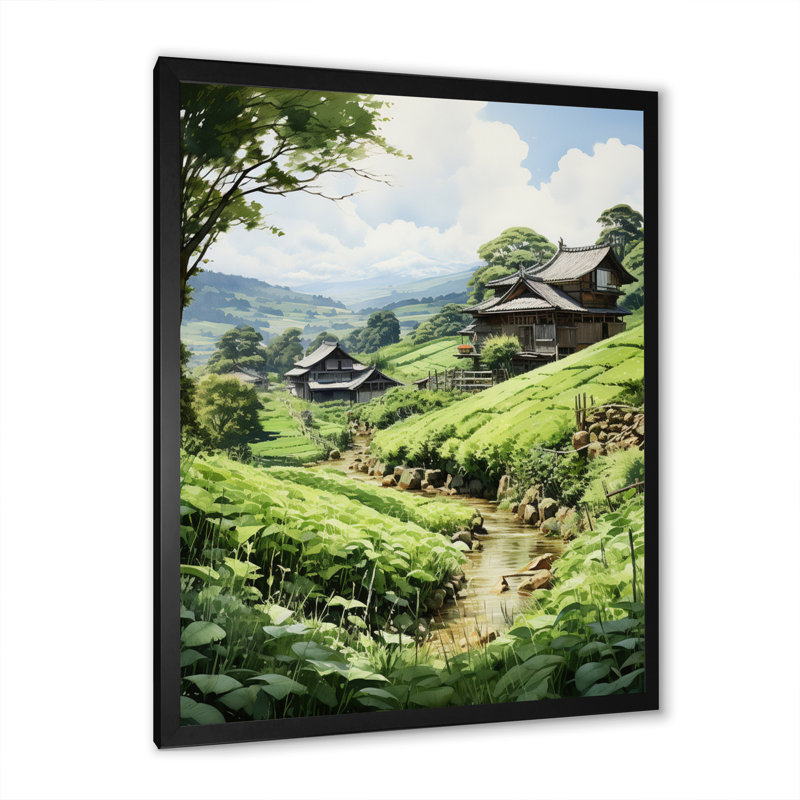 Champ de thé japonais - reproduction sur toile, H 20 po x l 12 po x P 1 po, Cadre photo noir