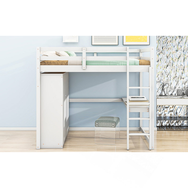 Lit mezzanine double en bois avec garde-robe intégrée, bureau, tablettes et tiroirs, blanc