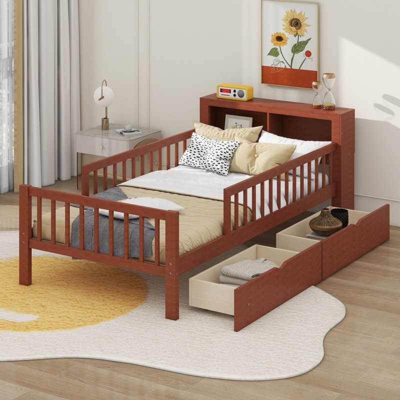 Structure de lit simple en bois avec deux tiroirs de rangement sous le lit et une barrière de sécurité à trois côtés, Noyer