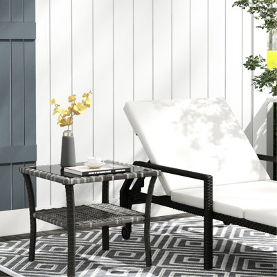 Table d'extérieur en verre trempé gris, tablette de rangement, cadre en aluminium à 2 extrémités carrées