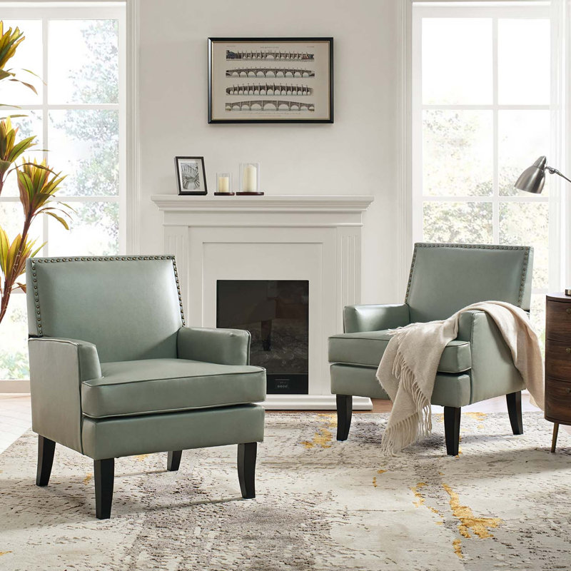 Celadon 27.5'' Wide Faux Leather Armchair with Nailhead Trim and Solid dWoo Legs Set Of 2, Sage Faux Leather