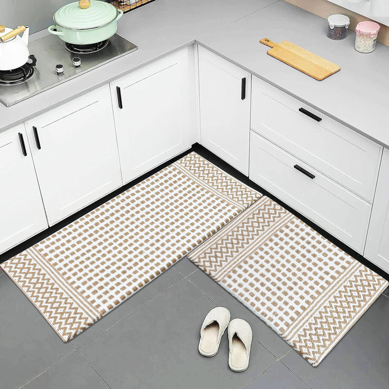 Ensemble de tapis et de tapis de cuisine luxueux en coton tissé épais anti-fatigue 18 po x 30 po | 18 po x 48 po, Beige