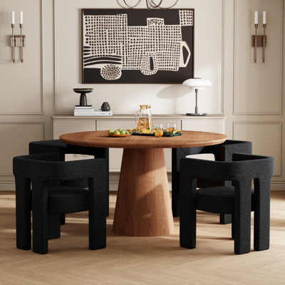 Ensemble de salle à manger ronde 5 pièces pour 4 personnes avec table à pied centrale en MDF de 110 cm et 4 chaises en tissu à motif ours en peluche.