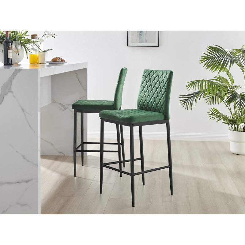 Kenesaw Luxury Breakfast Bar Stool in Quilted Design Velvet Black Leg - Modern Chic Kitchen, Green