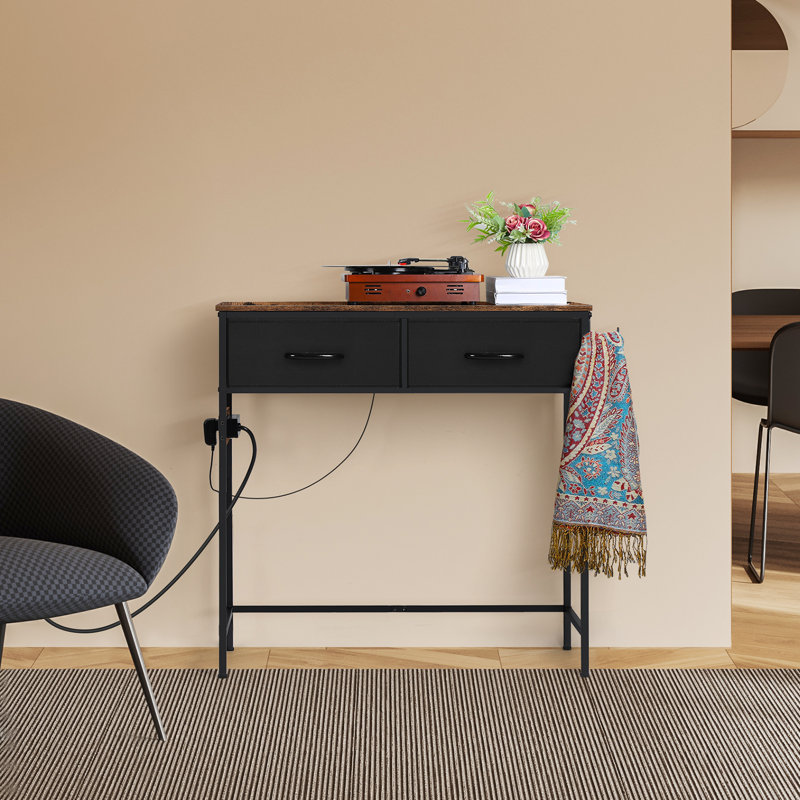 Console d'entrée avec station de charge, 2 tiroirs et crochet, tablette de canapé étroite, Brun