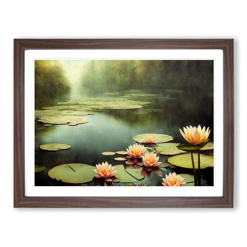 Misty Water Lily Pond - Framed Print, 34cm H x 46cm W, Walnut Framed