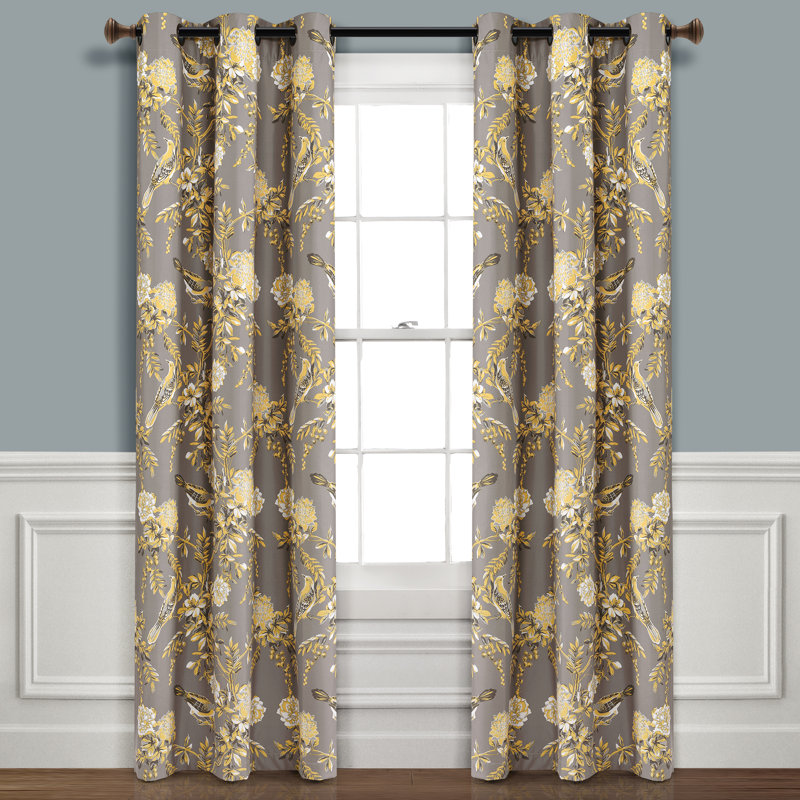 Farmhouse Bird And Flower Curtain Pair, 38" x 95", Navy
