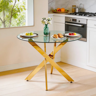 Table de salle à manger 36 po carrée en verre trempé avec pieds modernes en métal noyer, sièges 2-4