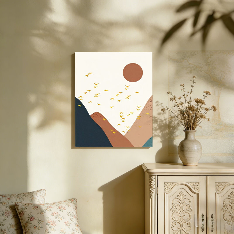 «Boho Mountain», art mural encadré abstrait lune avec oiseaux, art mural non encadré, L 36 po x l 24 po
