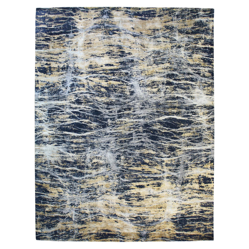 Tapis bleu en laine et soie tissés à la main Wisp
