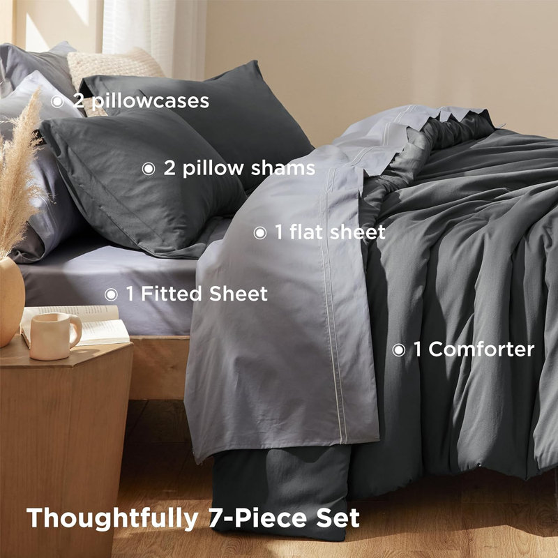 Ensembles d'édredon 100% coton, Gris foncé, Édredon très grand + 2 taies décoratives + 2 ta