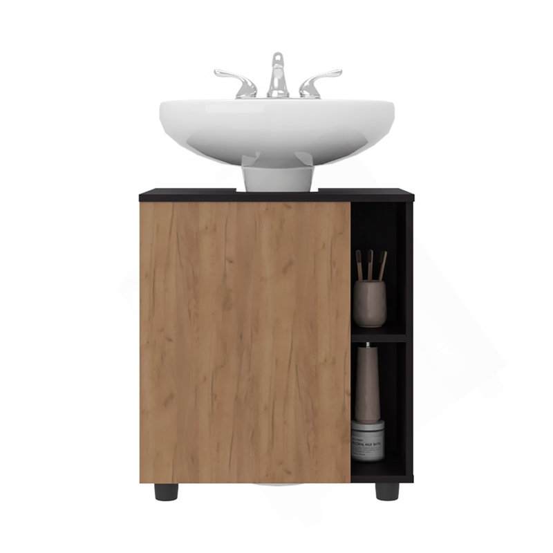 Parade Under Pedestal Sink Cabinet, 1 Door, 5 Open Compartments, Melamine Finish, Wenge And Natural Oak, Natural/Black