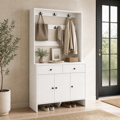 Modern Hall Tree With Shoe Storage And Coat Rack For Entryway, Entryway Organizer With 8 Shoe Cubbies & 8 Coat Hooks