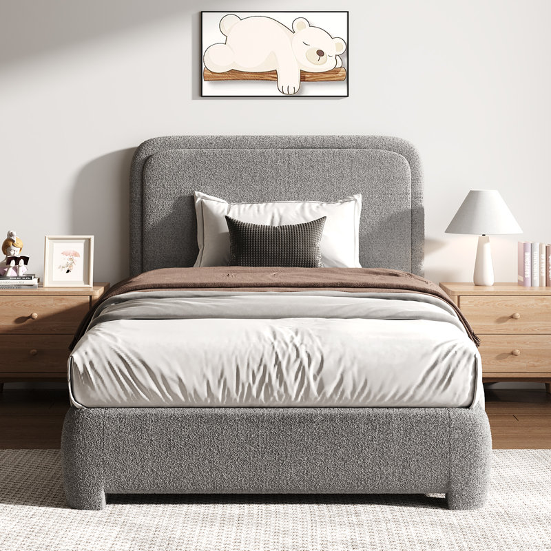 Lit plateforme tapissier Bensu Boucle, Lit simple, Gris clair