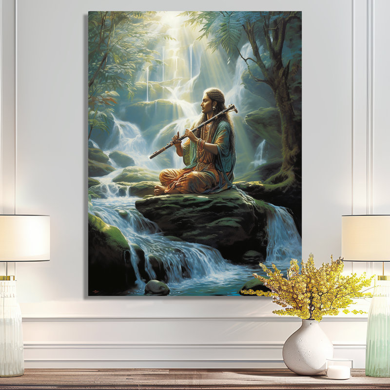 Joueur de flûte sur rocher dans la rivière - musicien, art mural, salon, Métal métal, H 32 po x l 16 po x P 1 po