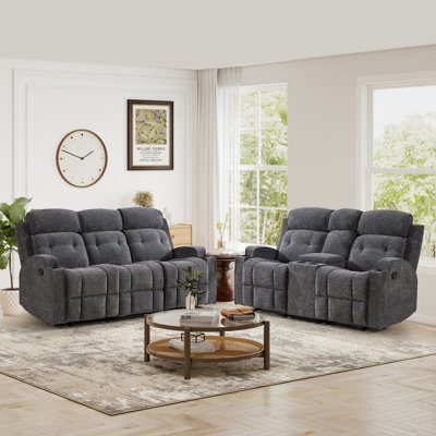 2-Piece Modern Manual Reclining Living Room Set With Loveseat With Storage Console And 3-Seat Sofa With Fixed Center