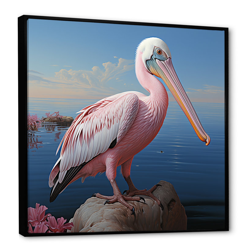 Pélican rose - art mural animaux côtiers, Silver Picture Framed, H 36 po x l 36 po