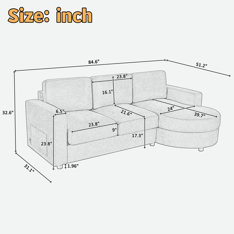 Modern L-shaped Sectional Sofa With Curved Chaise Lounge, Usb Ports And Side Storage Pockets, Blue Chenille