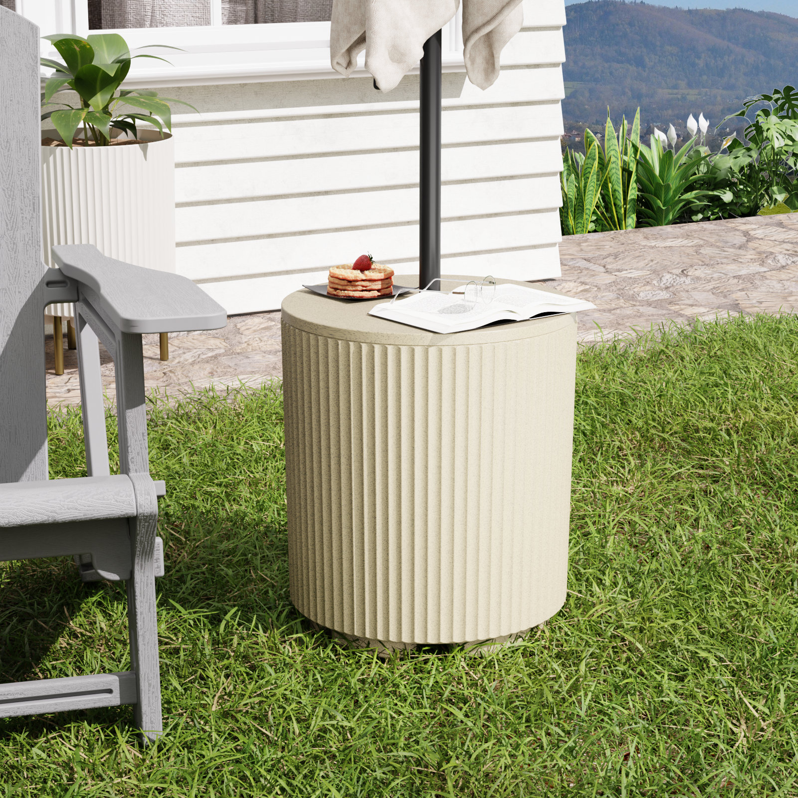 Modern Outdoor Patio Side Table Umbrella Base, 16.65" H x 14.76" W x 14.76" D, Beige