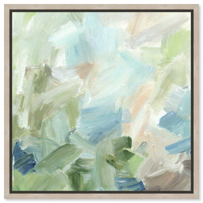 Bleu clair menthe - Impression sur toile encadrée Ira Colmeva, couleur sauge, par Art Remedy, cadre en chêne naturel, 50 x 50 cm