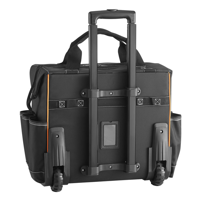 Sac à outils à roulettes, capacité de charge de 50 kg, 25 poches, robuste, avec poignée télescopique réglable et base stable. Parfait pour les électriciens et les ouvriers du bâtiment.