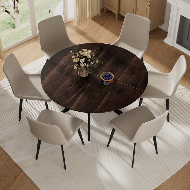 47"Round Modern Kitchen Dining Table Set With Dining Chair, White, Brown, 7