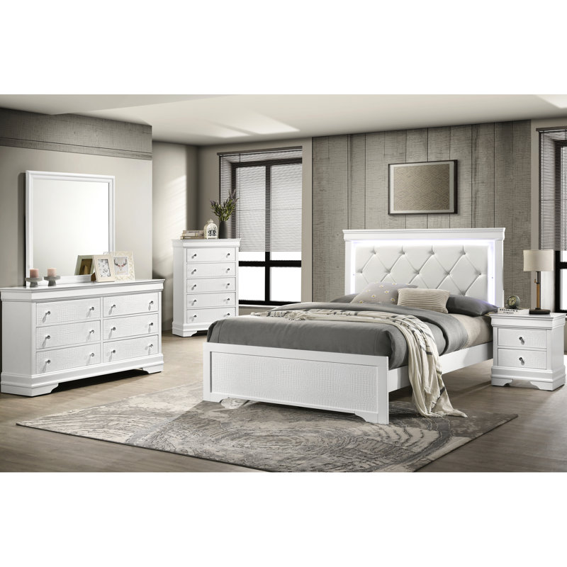Grand lit de style moderne avec tête de lit tapissier et lumières à DEL blanches, Blanc