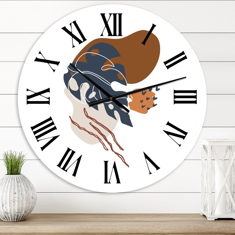 Horloge murale moderne formes élémentaires avec fleurs abstraites III, Moyen
