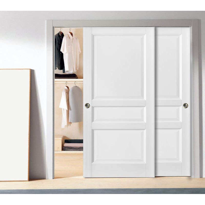 Portes coulissantes de contournement de placard avec quincaillerie | Lucia 31 | Ensemble de quincaillerie pour moulures Sturdy Rails | Portes de garde-robe en bois massif à 3 panneaux Pantry Kitchen