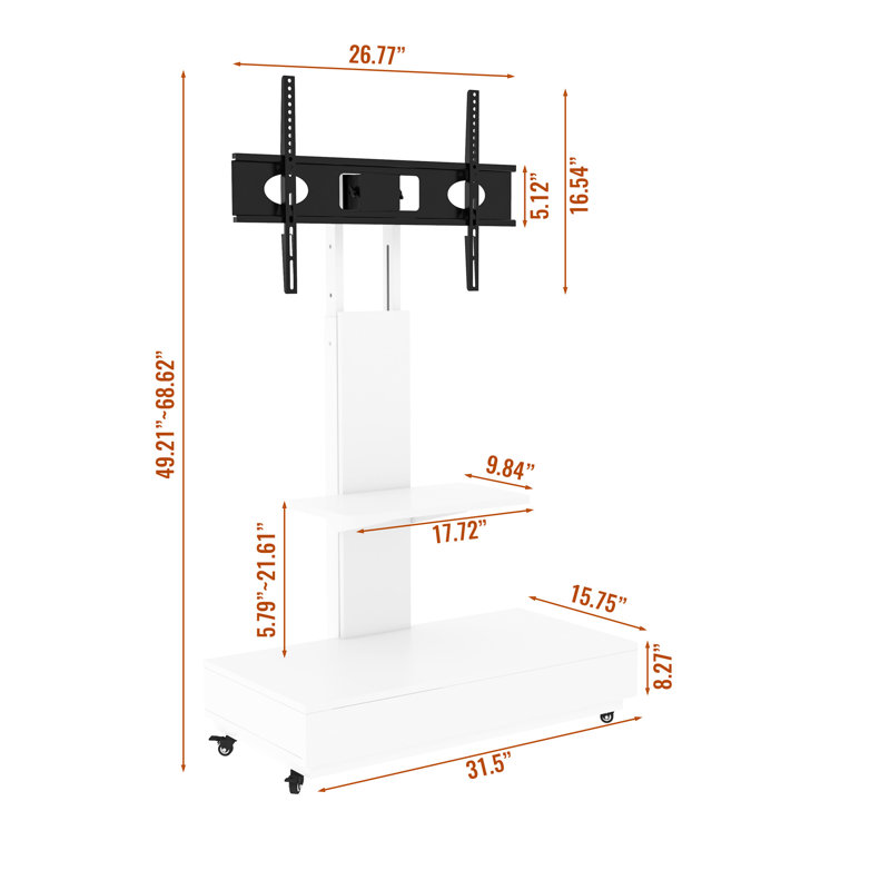 Meuble télé réglable de 81 à 190 cm (32 à 75 pouces) blanc, avec roulettes et tiroir coulissant, idéal pour la chambre, le salon ou le bureau.