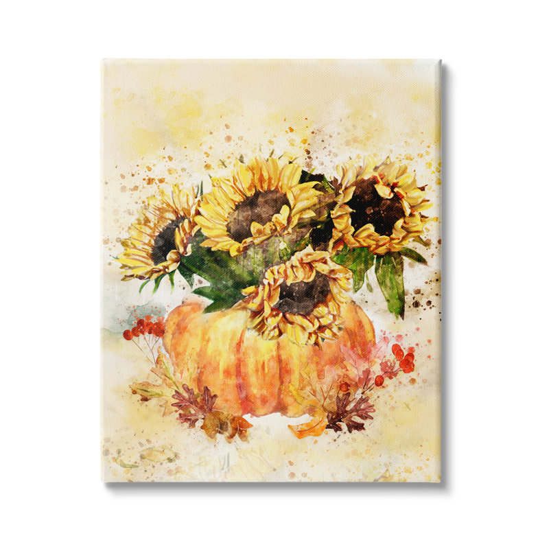 Récolte de citrouilles, tournesols et feuilles d'automne rouges et orange par Ziwei Li - Peinture, Plaque murale