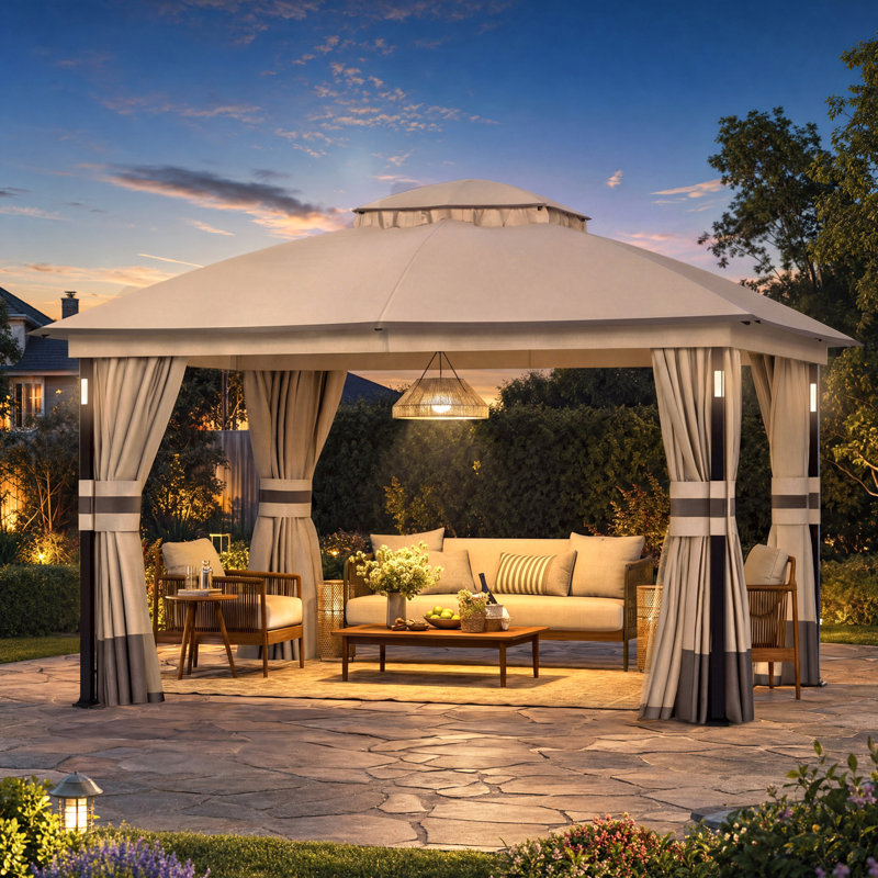 Pavillon de jardin à toit double en acier 11 'x 13' avec éclairage à DEL, haut-parleur Bluetooth, moustiquaire et voilages
