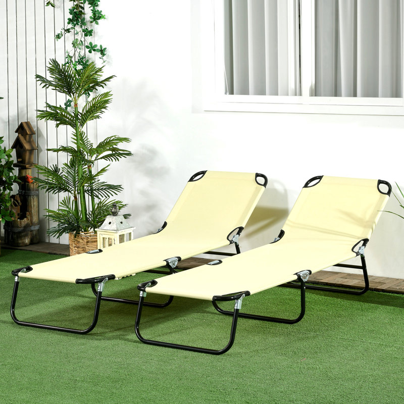 Méridiennes pliantes 2 pièces, chaises de bronzage d'extérieur avec dossier inclinable à 5 niveaux, structure en acier pour la plage, la cour, le patio, beige