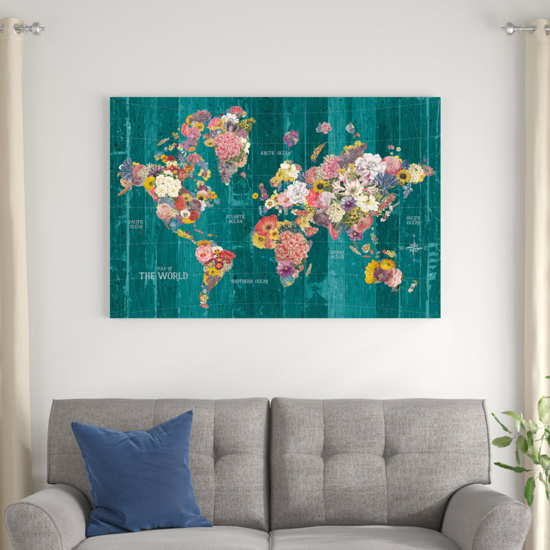 Carte botanique avec mots turquoise, H 48 po x l 32 po x P 1,25 po