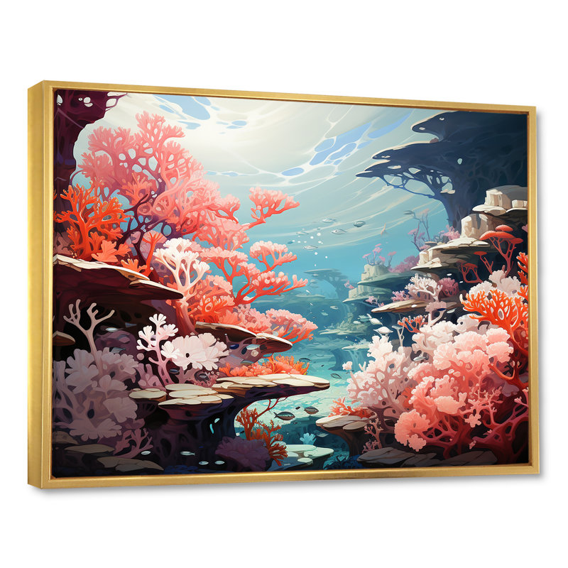 Aqua Serenade sous l'eau Corail IV - Imprimé, Cadre flottant doré, H 30 po x l 40 po x P 1,5 po