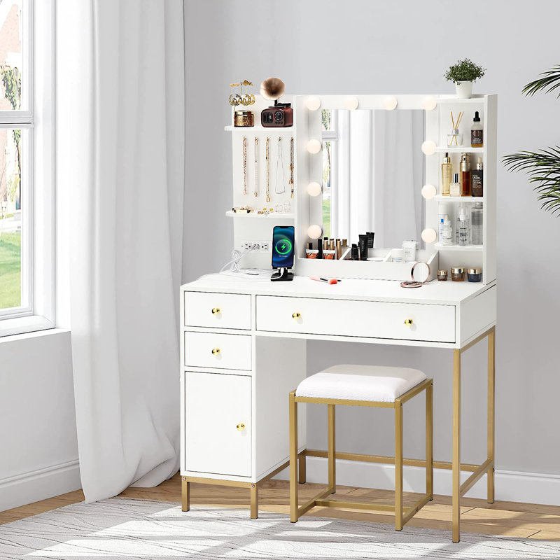 Coiffeuse de maquillage avec fauteuil, prise de courant USB et luminosité réglable à 3 modes