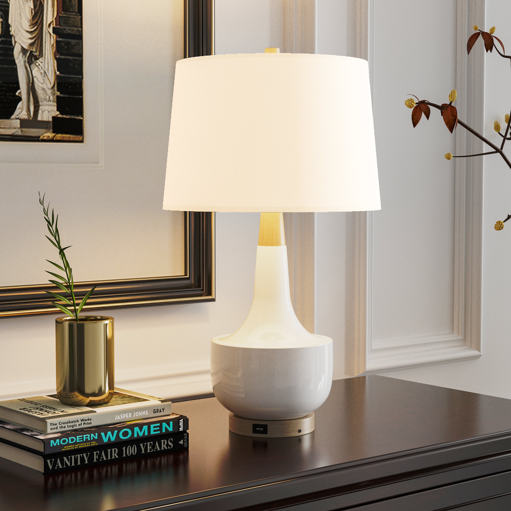 Latitude Run® 26'' Modern Ceramic And Solid Wood Table Lamp with USB ...